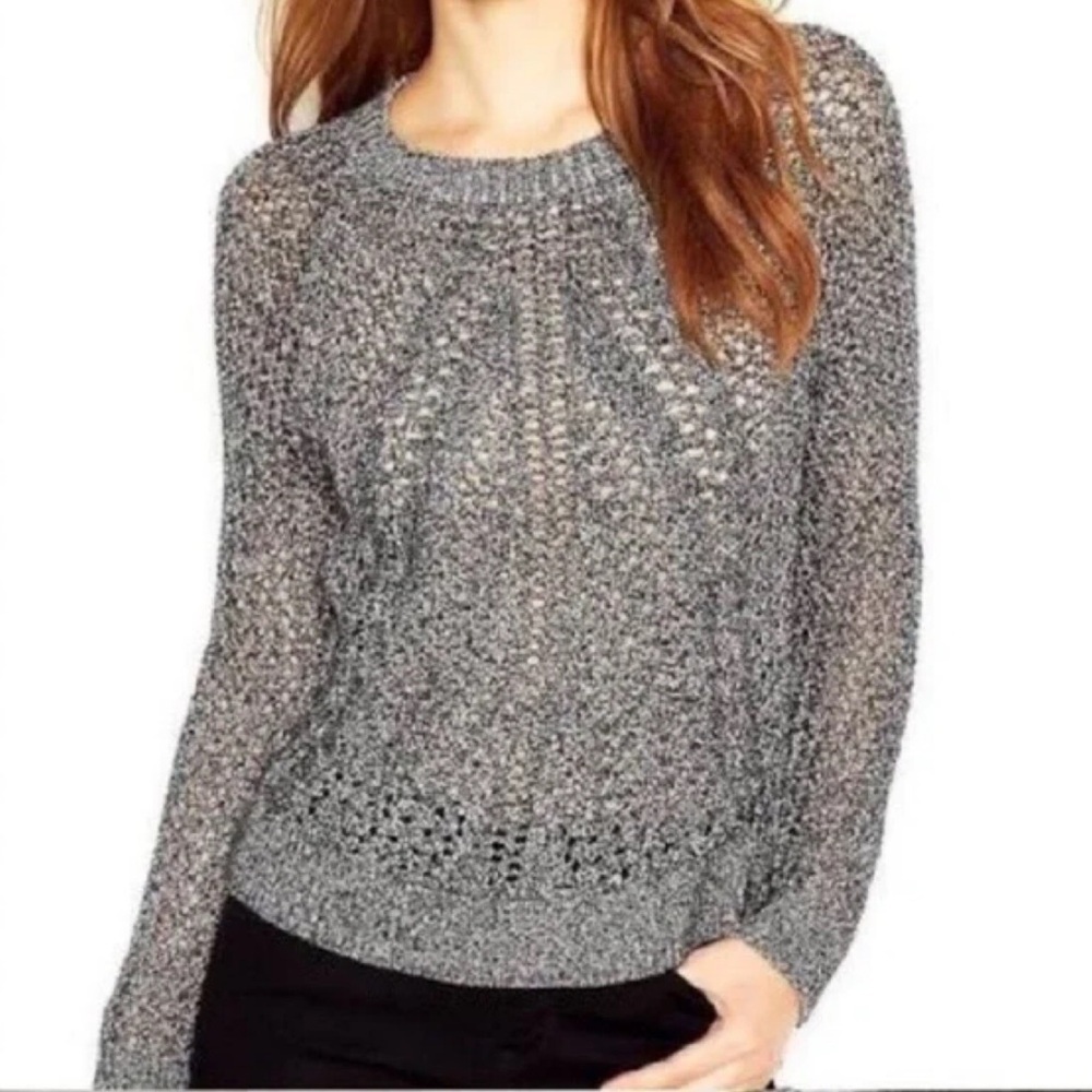 Lucky Brand Womens SZ S Black And Silver Metallic Knit Yoke Sweater NWOT